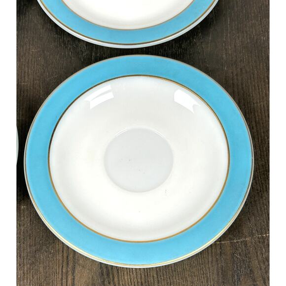 4 Vintage Pyrex Saucers Plates Turquoise Blue Band Milk Glass W/ Gold Trim 6" - Picture 6 of 8